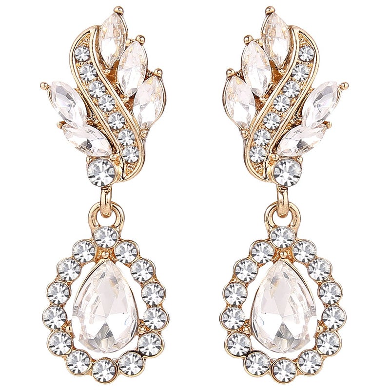 EleQueen Women's Austrian Crystal Art Deco Tear Drop Dangle Earrings Clip-on Gold-tone Clear - Image 1
